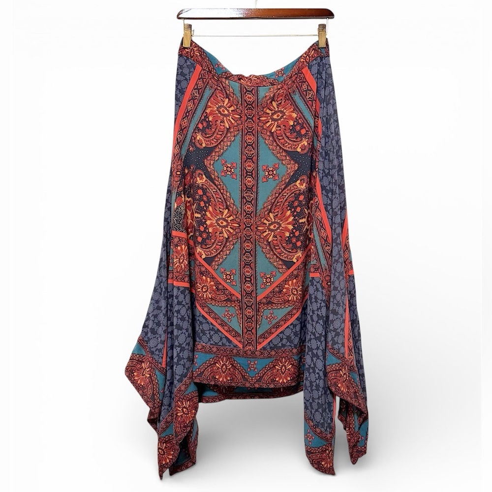 Free People Bedouin Traveler handkerchief skirt, flowy Rayon, bohemian print, M - Picture 6 of 10